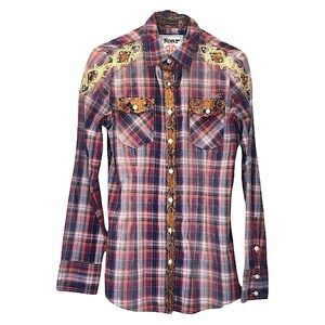 Roar Plaid Embellished Rhinestones Snaps Western Bling Shirt Top Women’s Medium